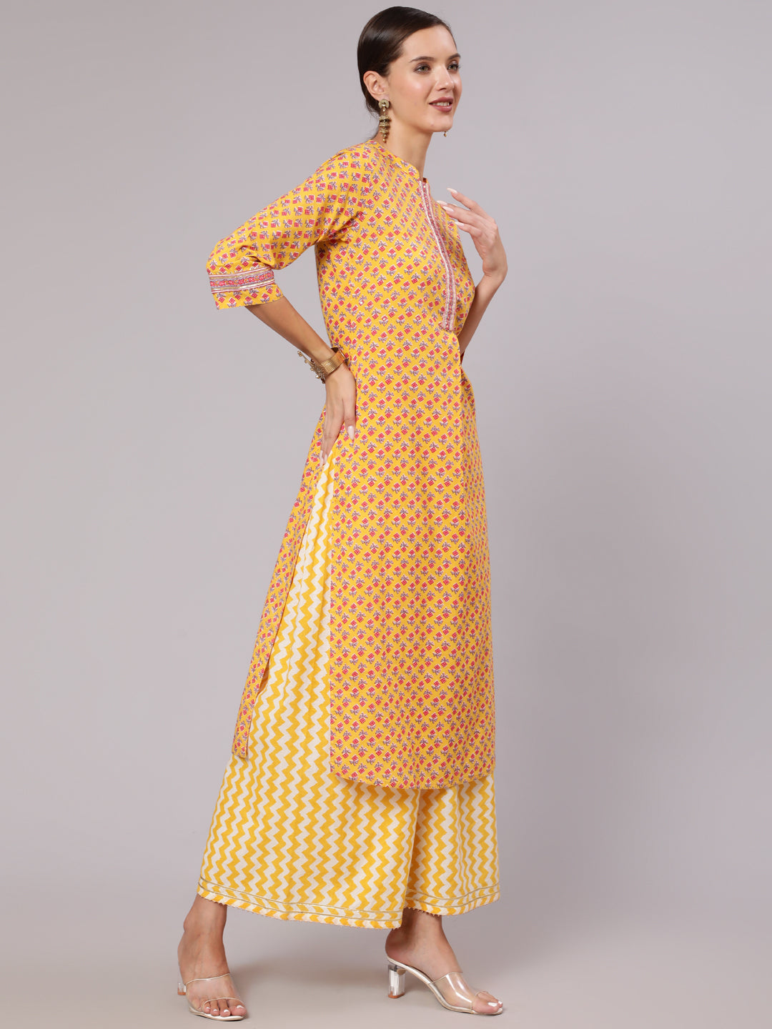 Yellow Straight Ethnic Printed Gota Embellished Kurta With Printed Palazzo And Dupatta