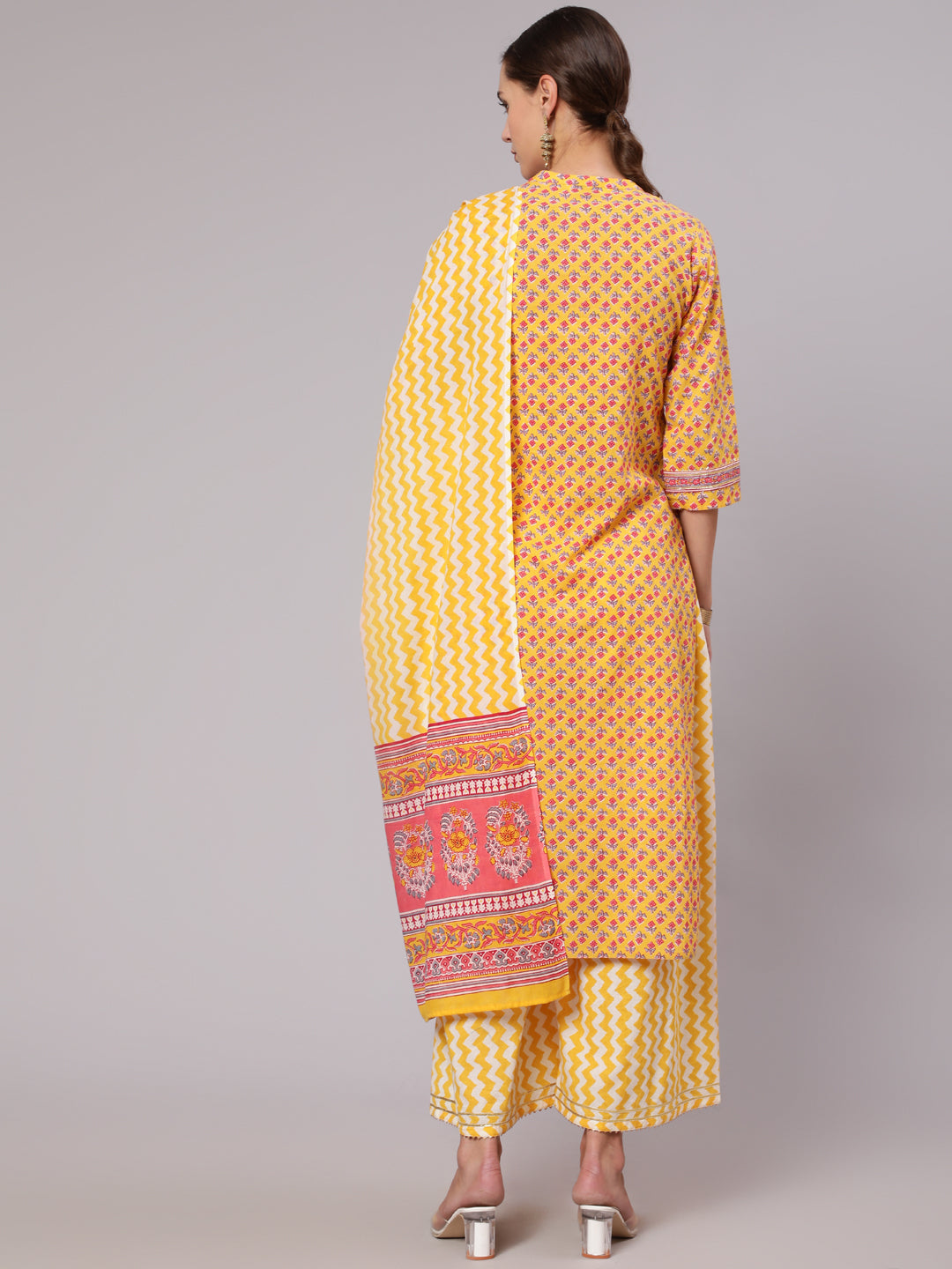 Yellow Straight Ethnic Printed Gota Embellished Kurta With Printed Palazzo And Dupatta