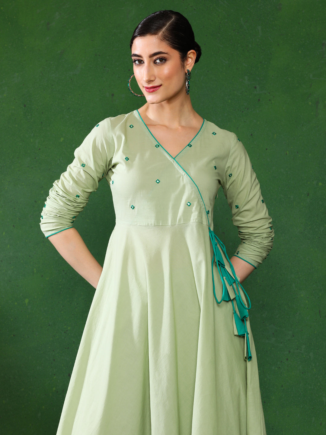 Light Green Angrakha Style Cotton Flared Kurta With Palazzos