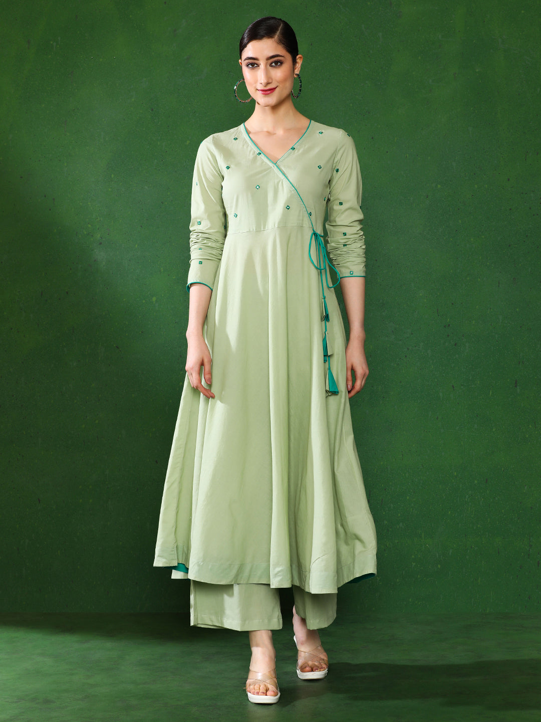 Light Green Angrakha Style Cotton Flared Kurta With Palazzos