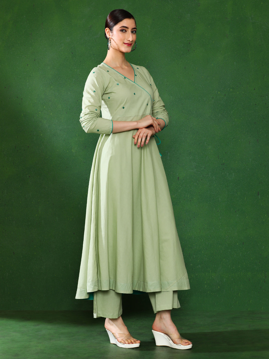 Light Green Angrakha Style Cotton Flared Kurta With Palazzos