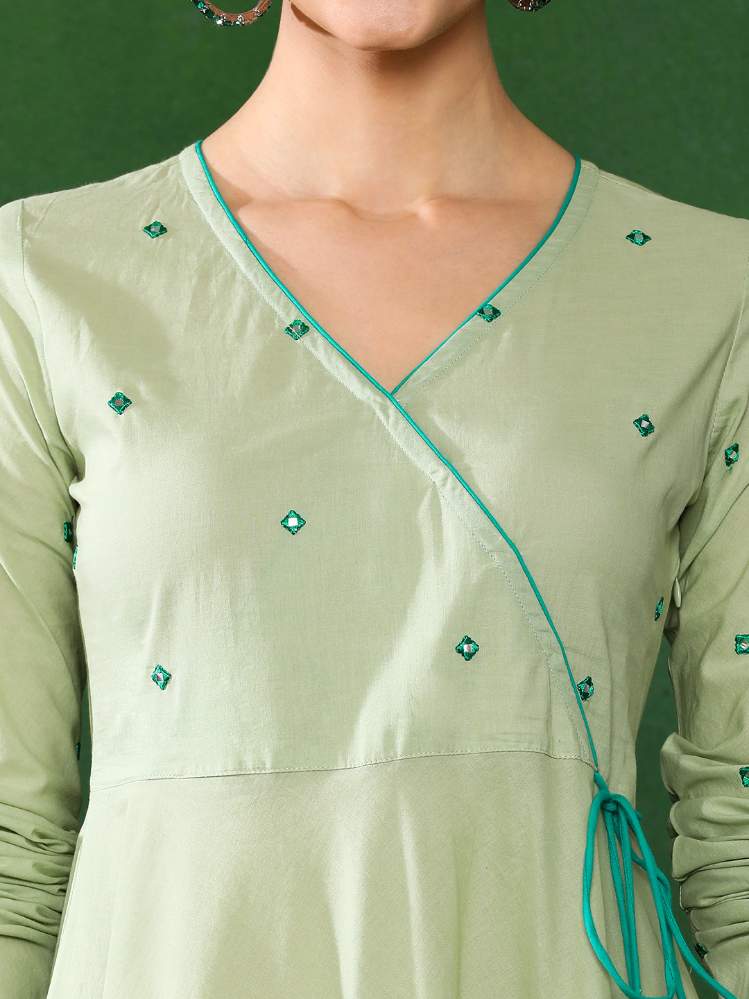 Light Green Angrakha Style Cotton Flared Kurta With Palazzos