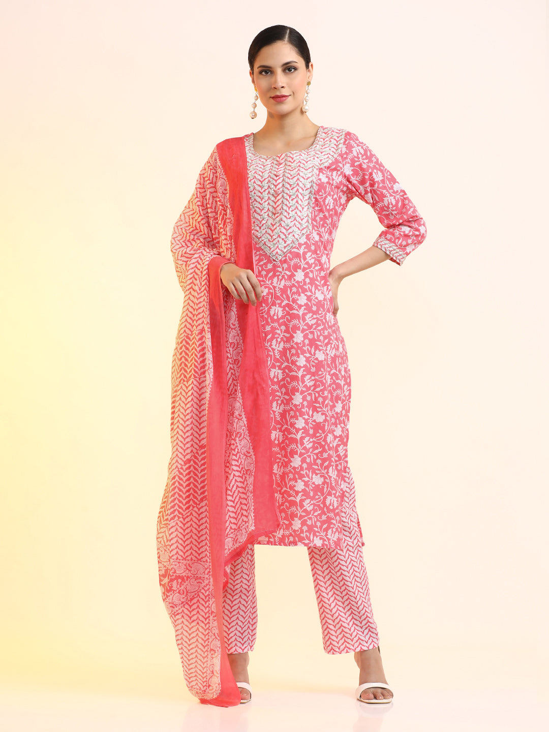 Embroidered Pure Cotton Floral Kurta Sets With Dupatta