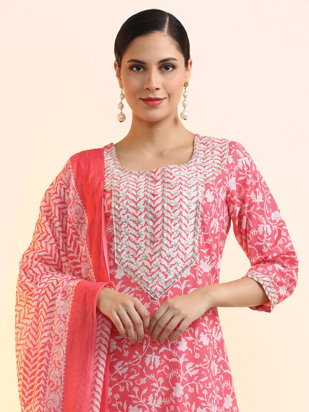 Embroidered Pure Cotton Floral Kurta Sets With Dupatta