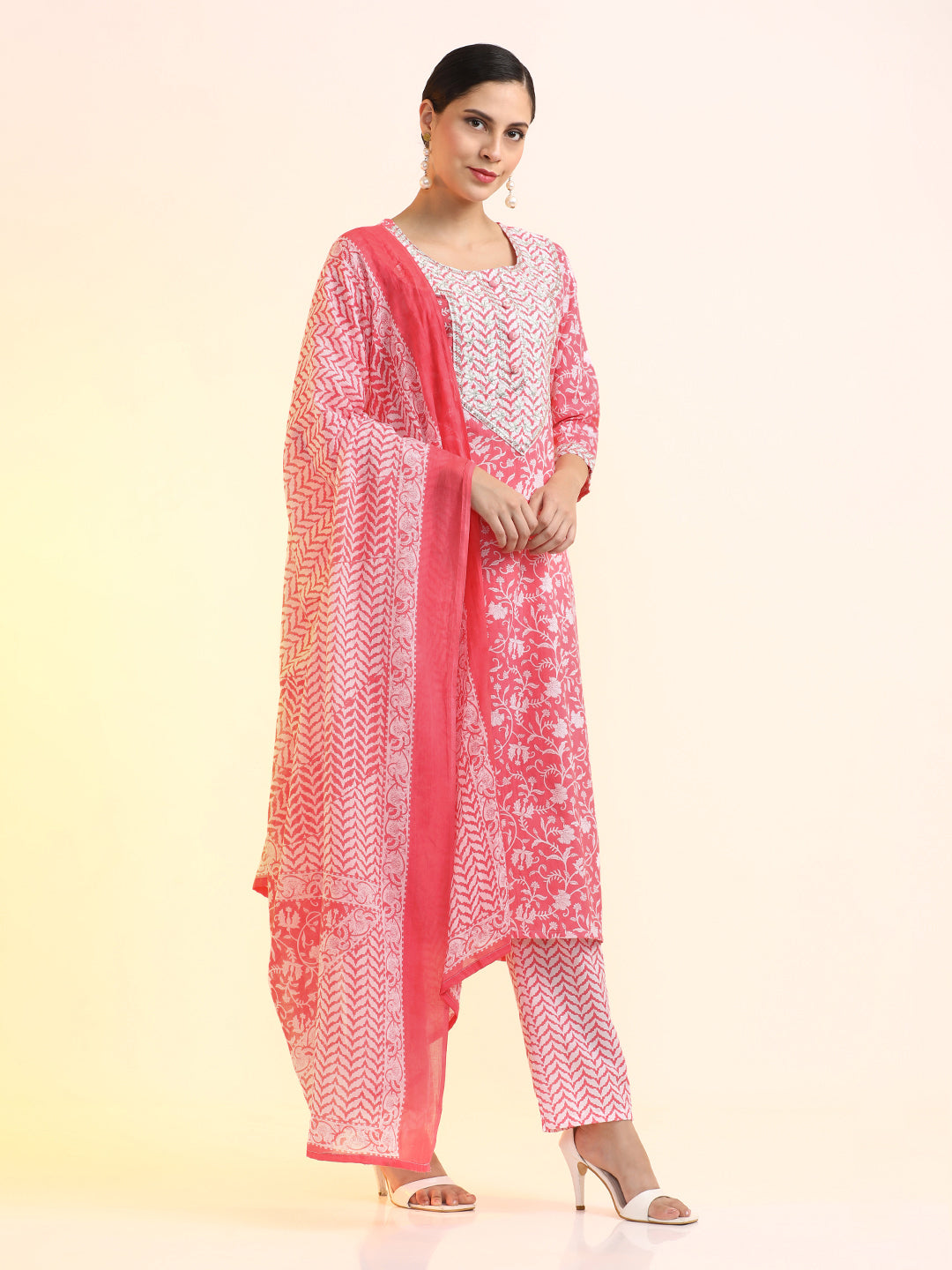 Embroidered Pure Cotton Floral Kurta Sets With Dupatta