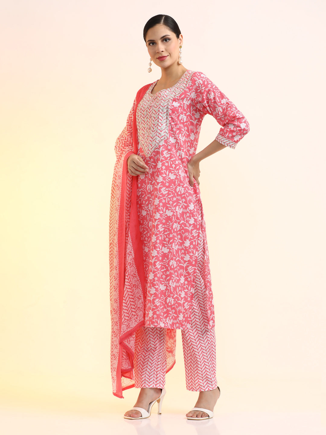 Embroidered Pure Cotton Floral Kurta Sets With Dupatta