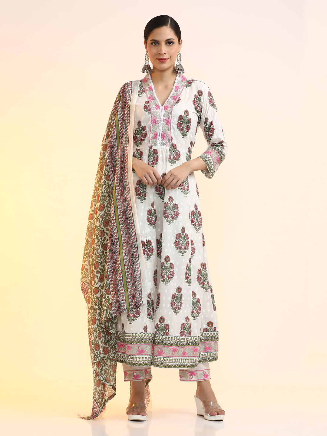 Embroidered Pure Cotton Floral Kurta Sets With Dupatta