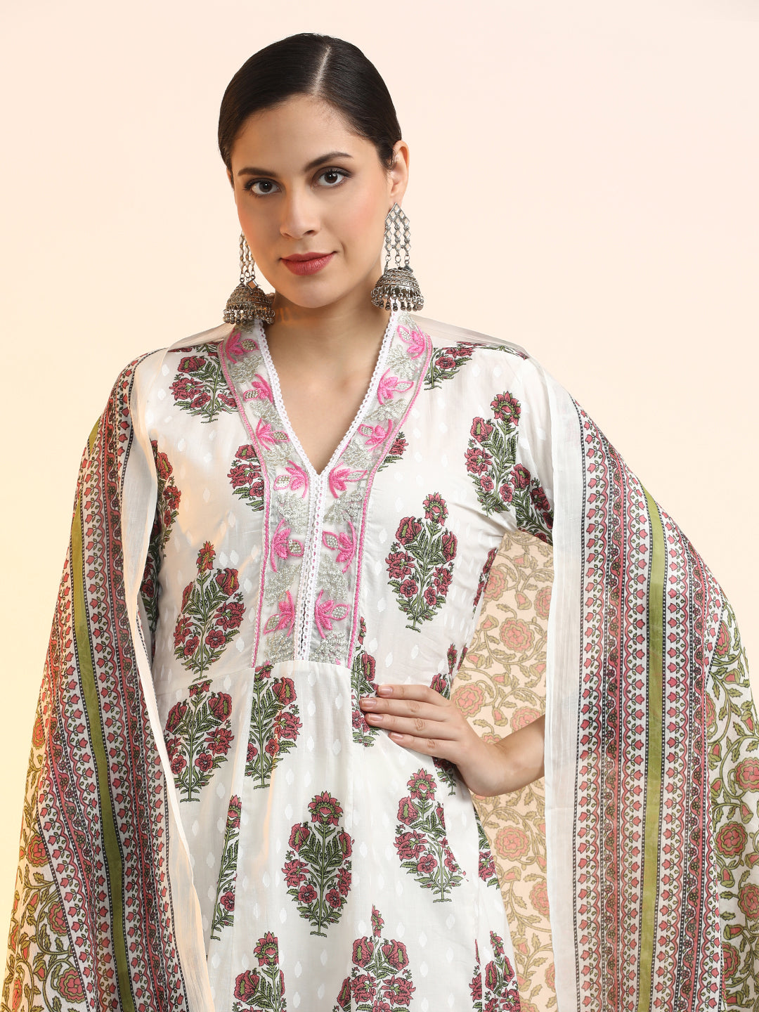 Embroidered Pure Cotton Floral Kurta Sets With Dupatta