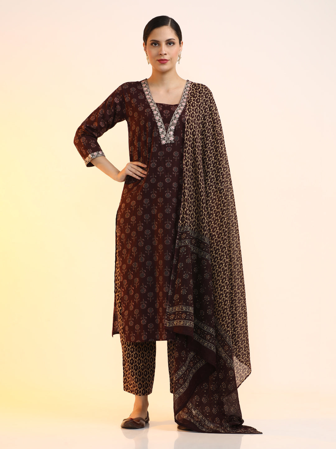 Embroidered Pure Cotton Floral Kurta Sets With Dupatta