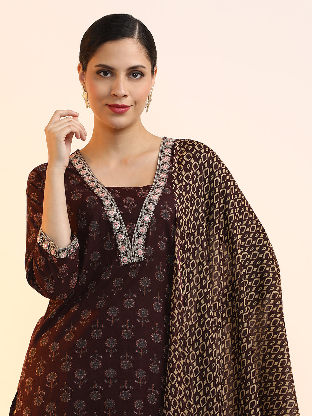 Embroidered Pure Cotton Floral Kurta Sets With Dupatta