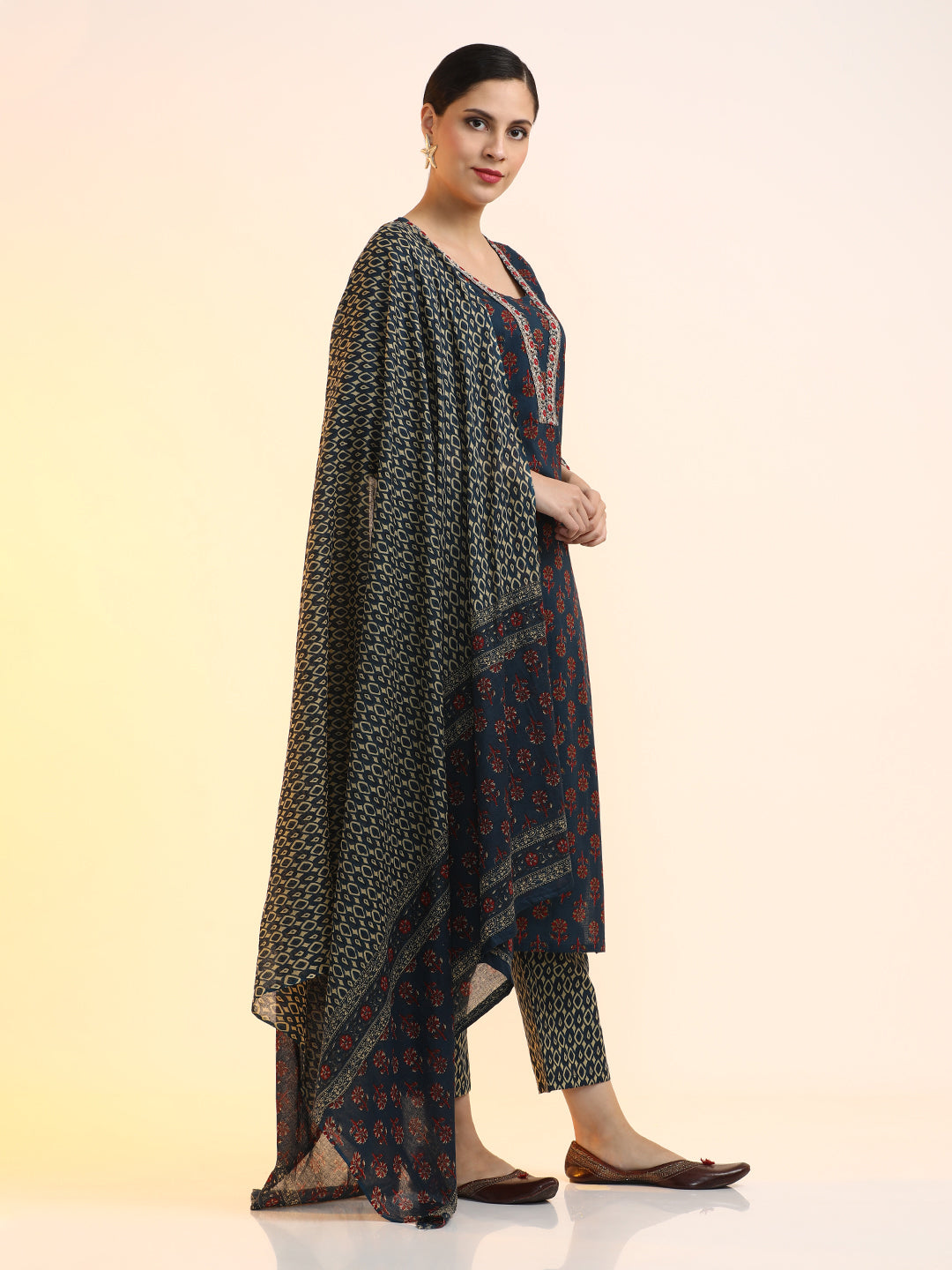 Embroidered Pure Cotton Floral Kurta Sets With Dupatta