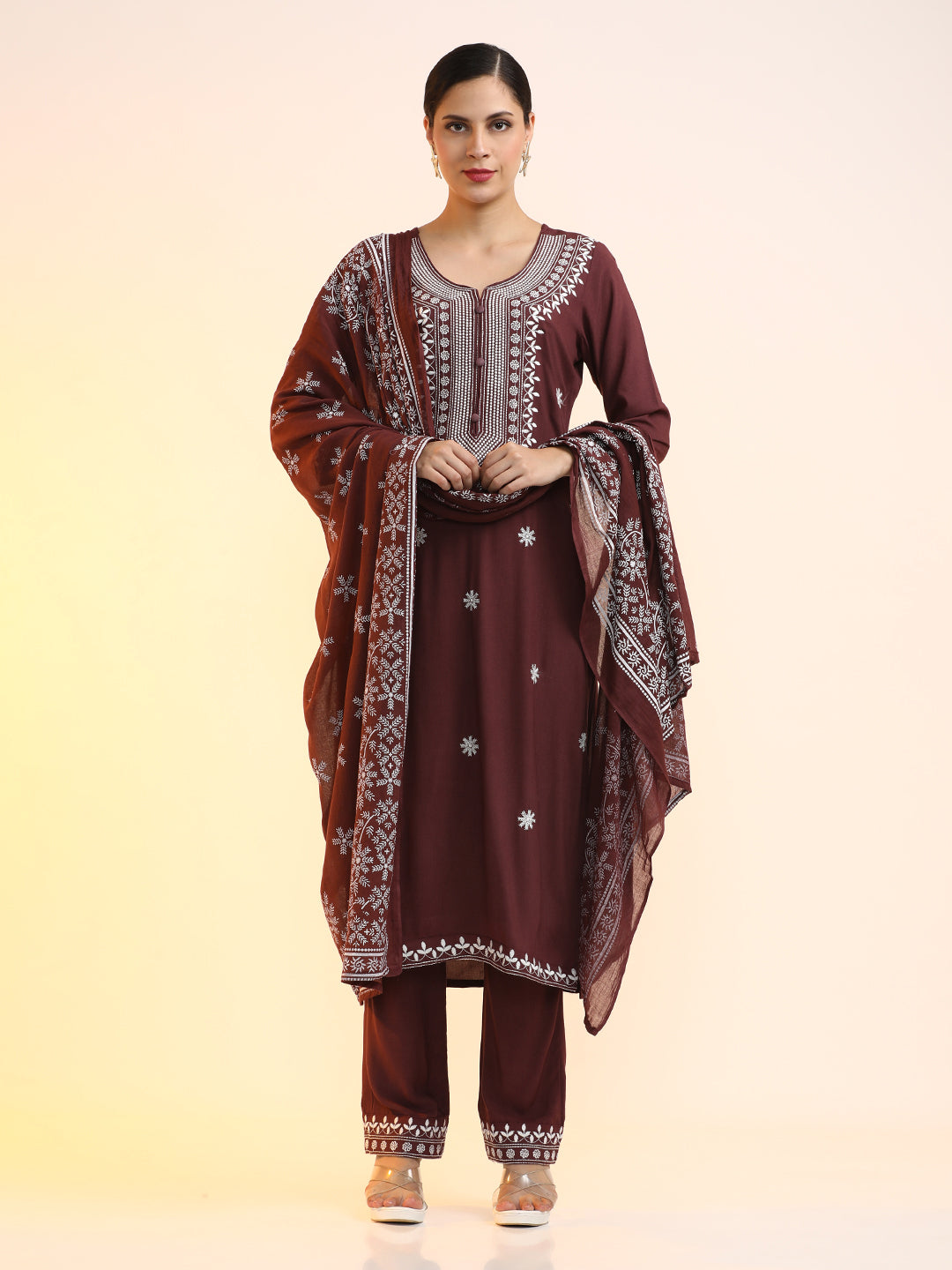 Embroidered Floral Straight Kurta Sets With Dupatta