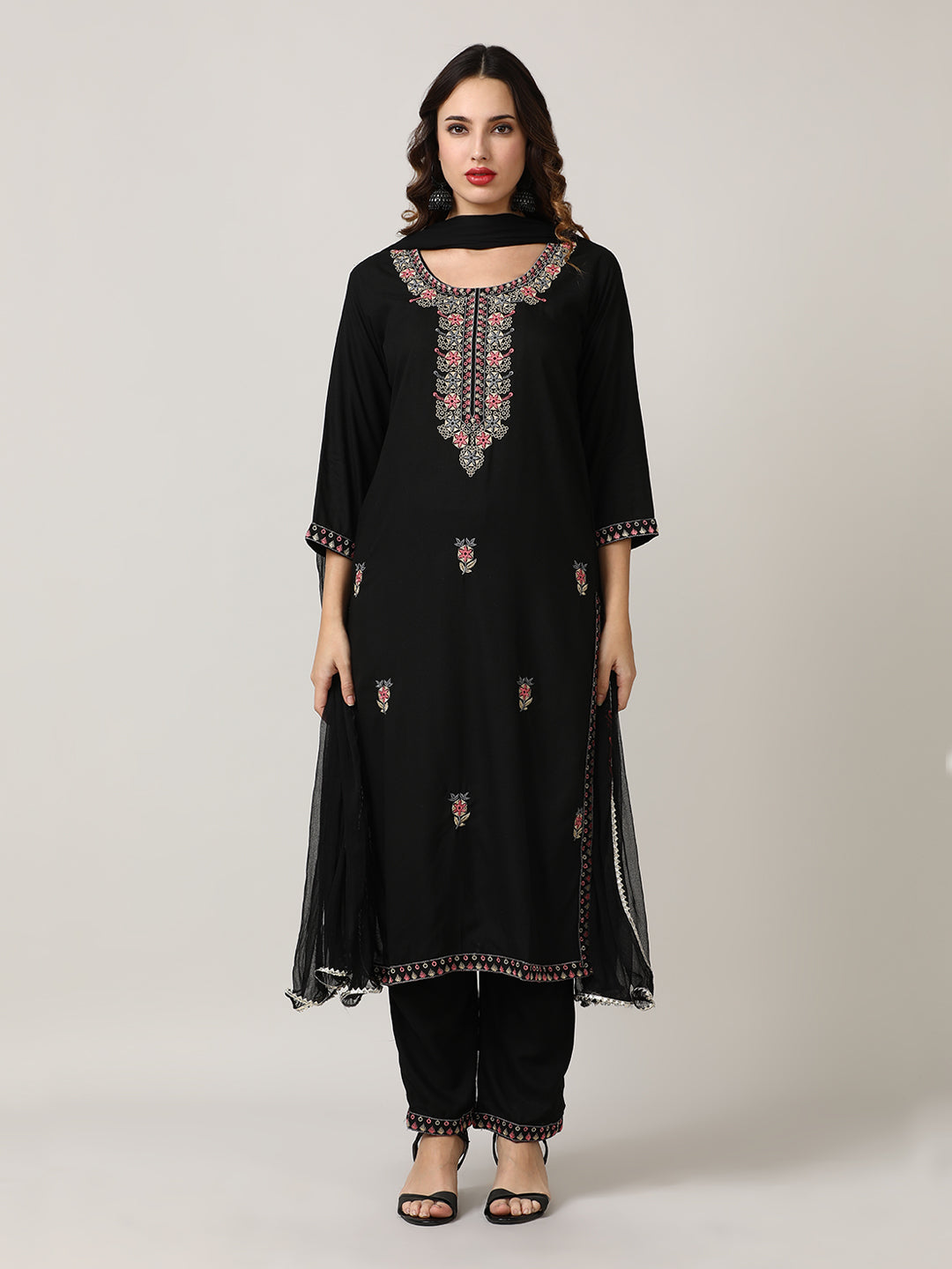 Embroidered Floral Straight Kurta Sets With Dupatta