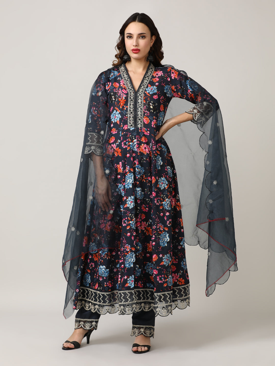 Embroidered Floral Flared Kurta Sets With Dupatta