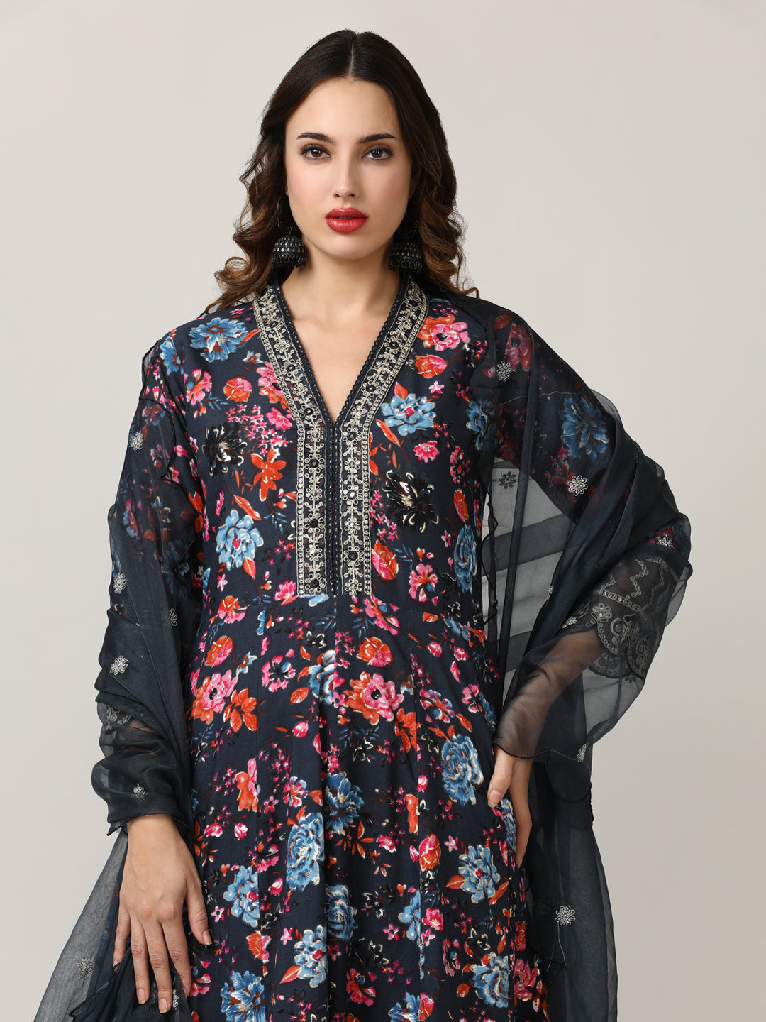 Embroidered Floral Flared Kurta Sets With Dupatta