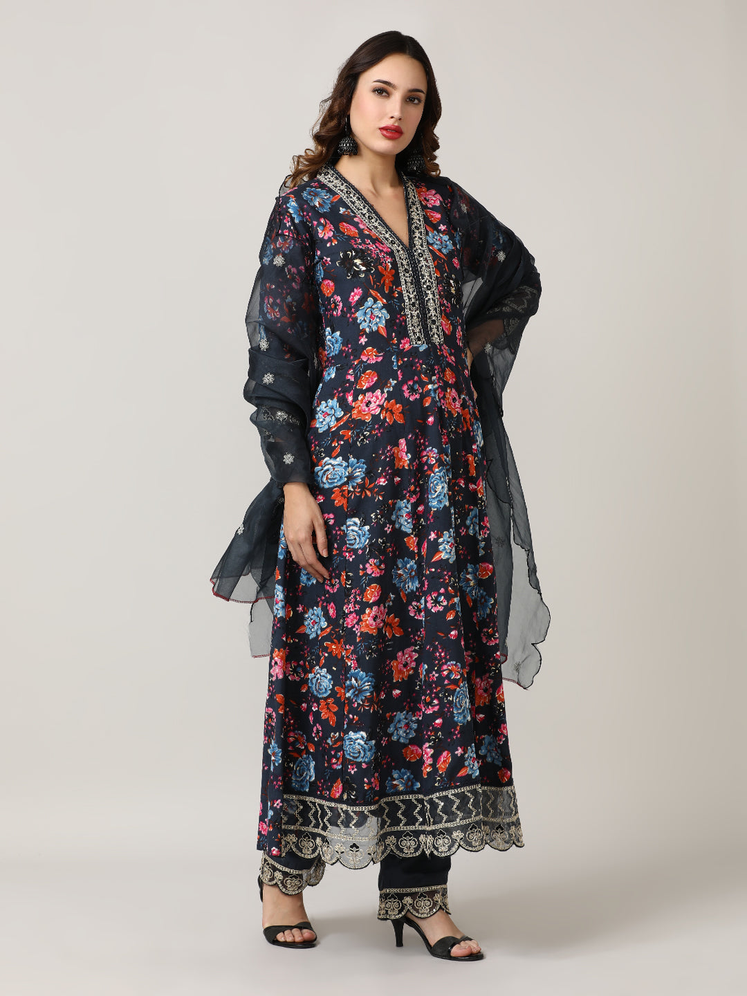 Embroidered Floral Flared Kurta Sets With Dupatta