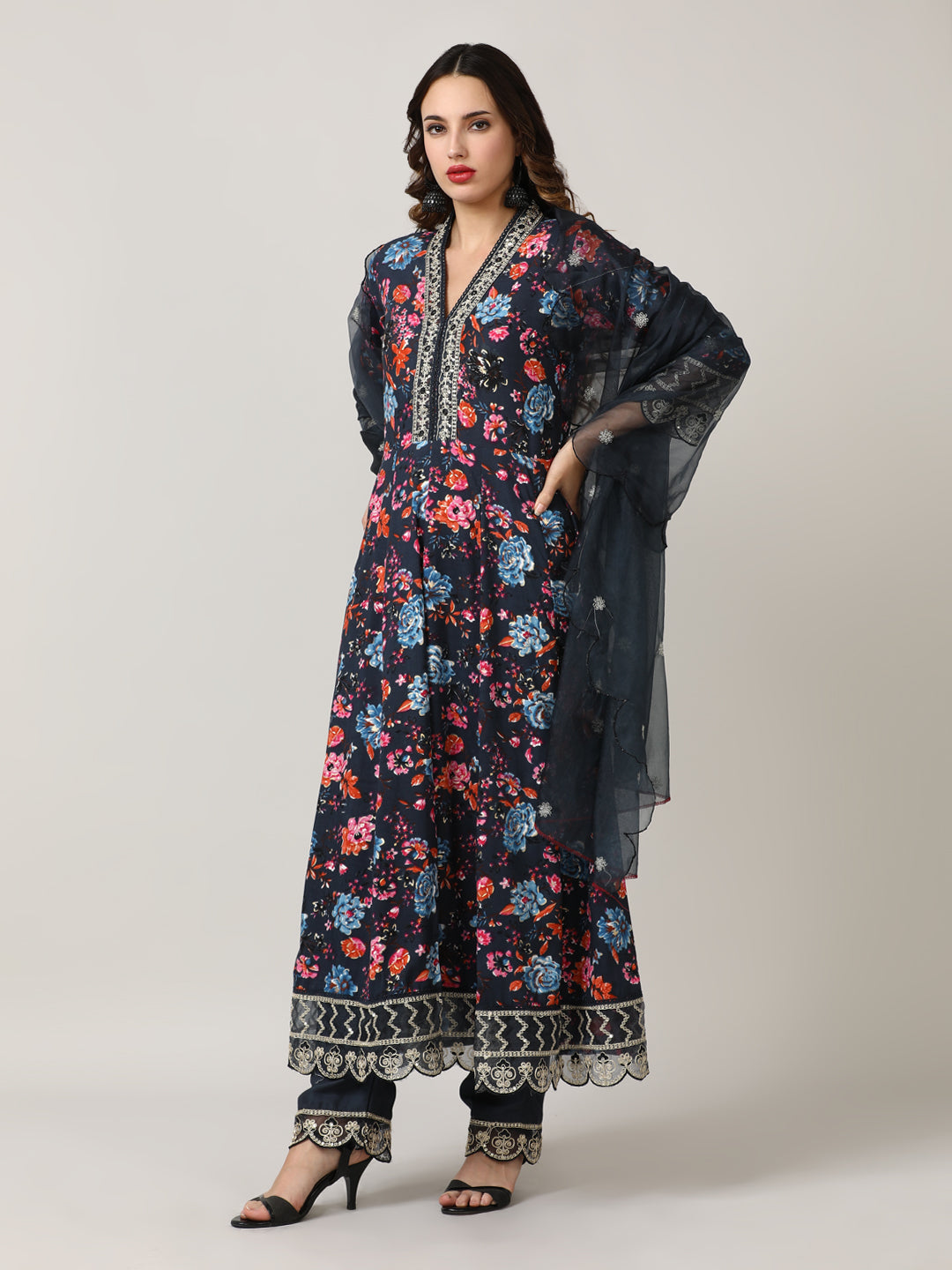 Embroidered Floral Flared Kurta Sets With Dupatta