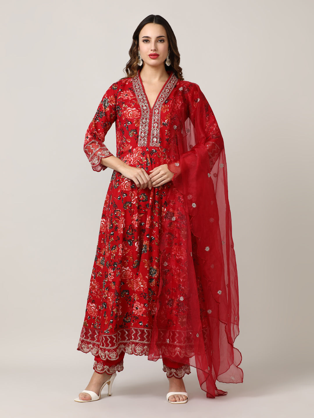 Embroidered Floral Flared Kurta Sets With Dupatta