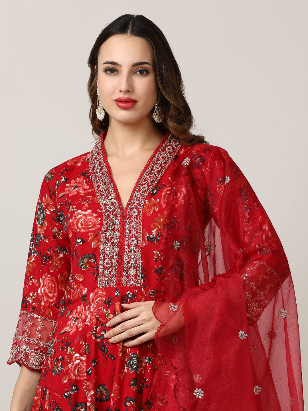 Embroidered Floral Flared Kurta Sets With Dupatta