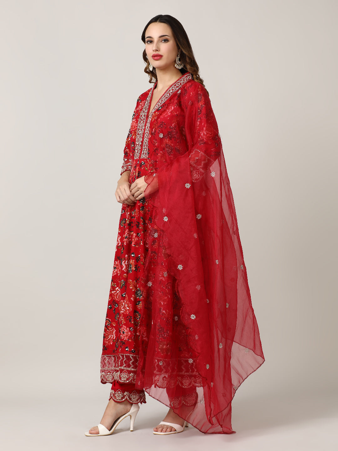 Embroidered Floral Flared Kurta Sets With Dupatta