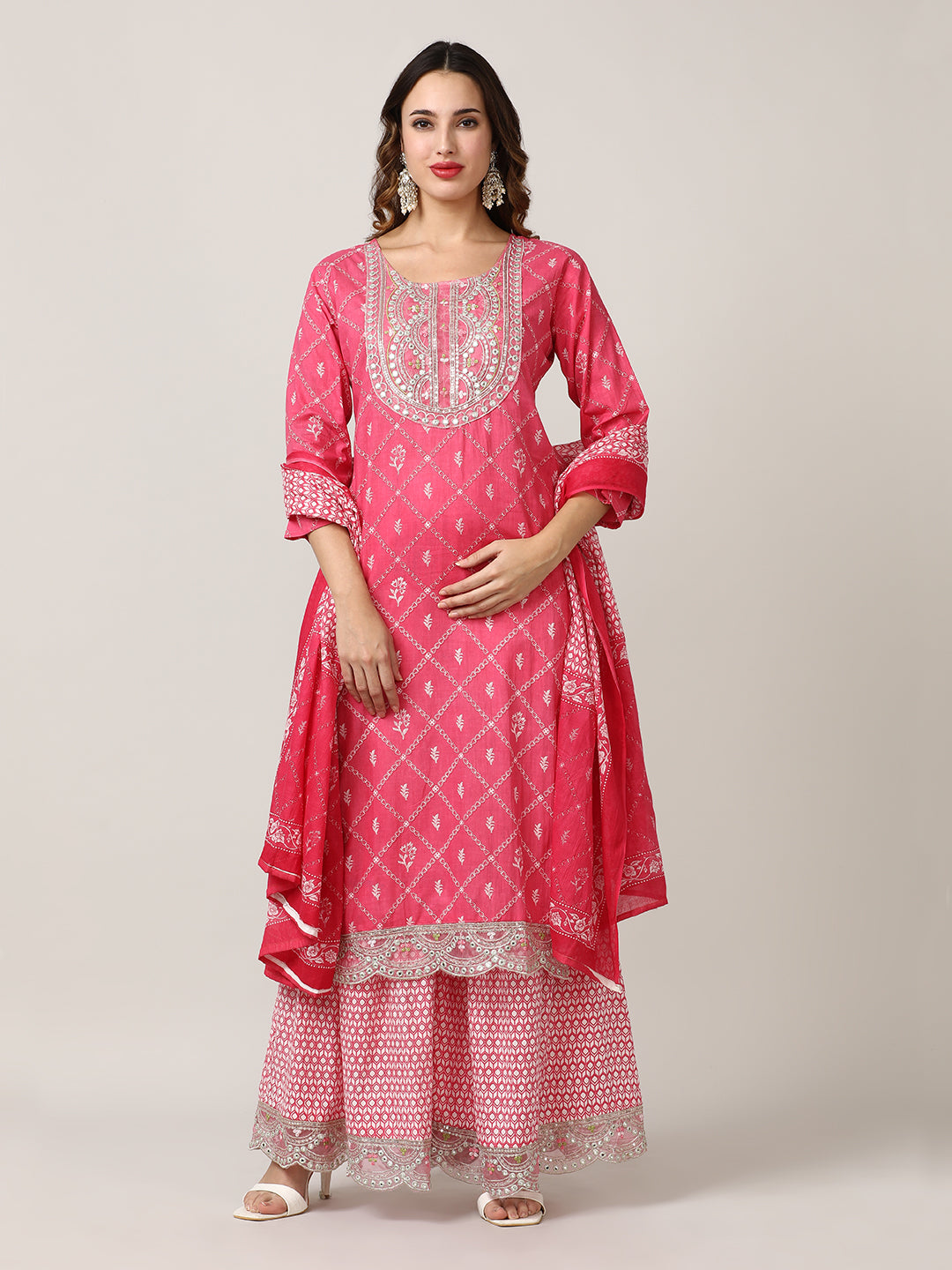 Embroidered Pure Cotton Floral Kurta Sets With Dupatta