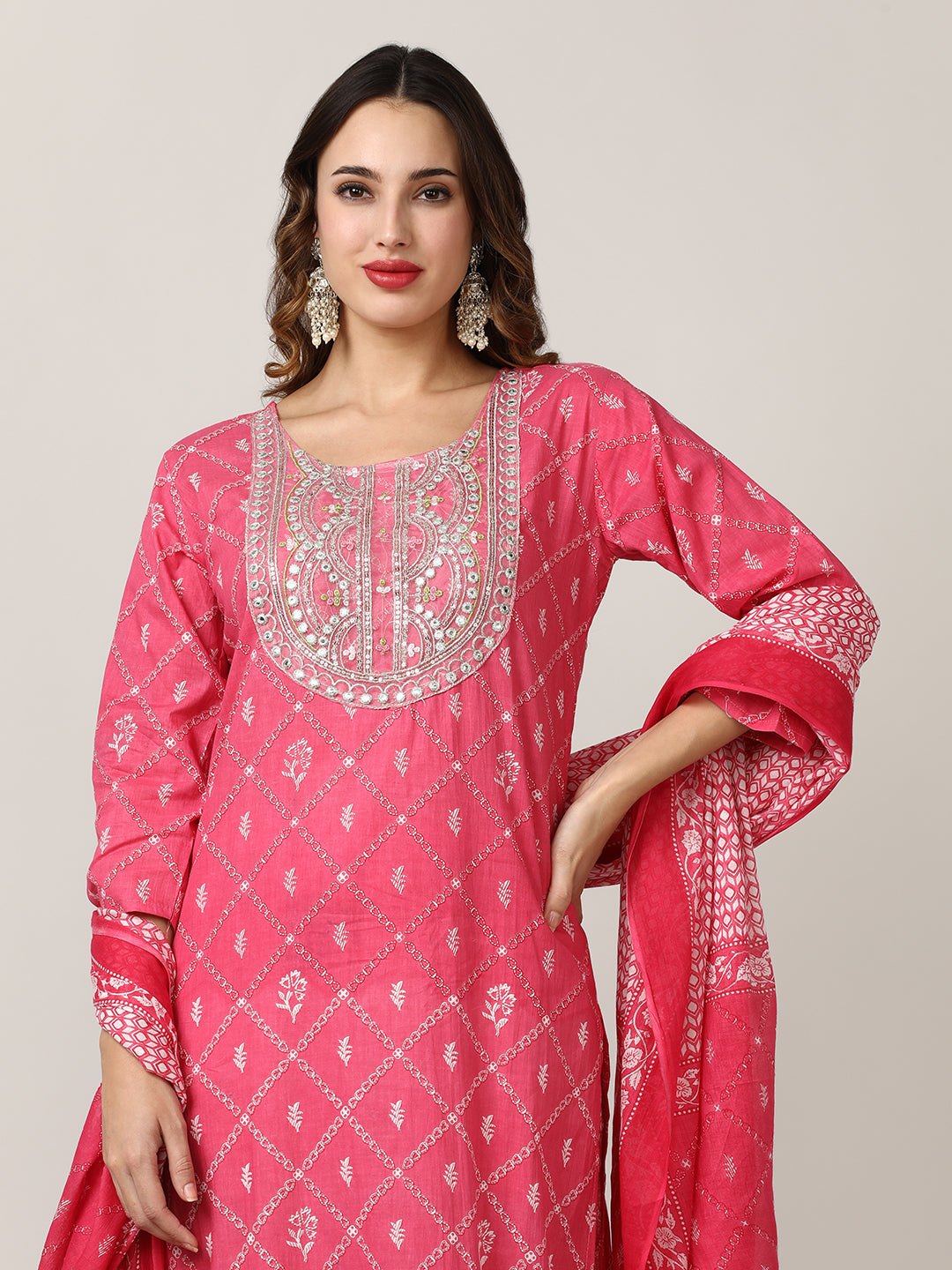 Embroidered Pure Cotton Floral Kurta Sets With Dupatta