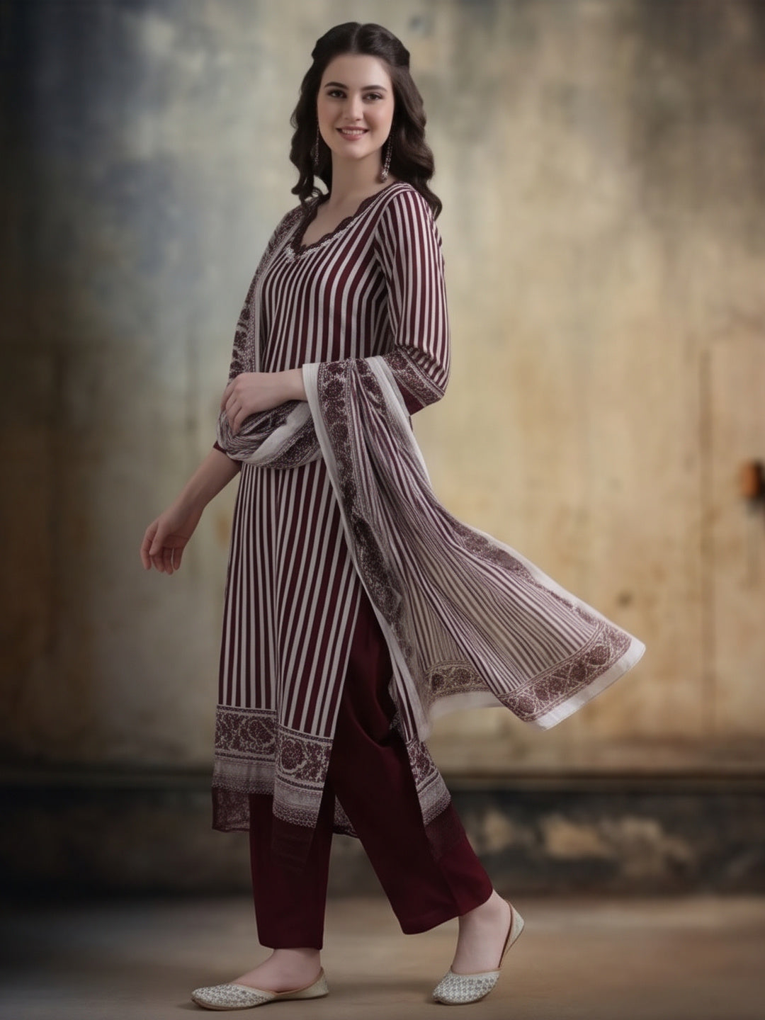 Striped Printed Thread Work Pure Cotton Kurta With Pant & Mulmul Dupatta