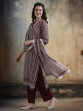 Striped Printed Thread Work Pure Cotton Kurta With Pant & Mulmul Dupatta