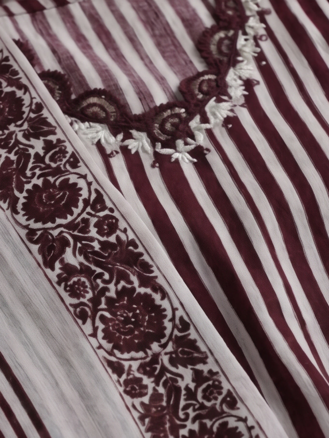 Striped Printed Thread Work Pure Cotton Kurta With Pant & Mulmul Dupatta