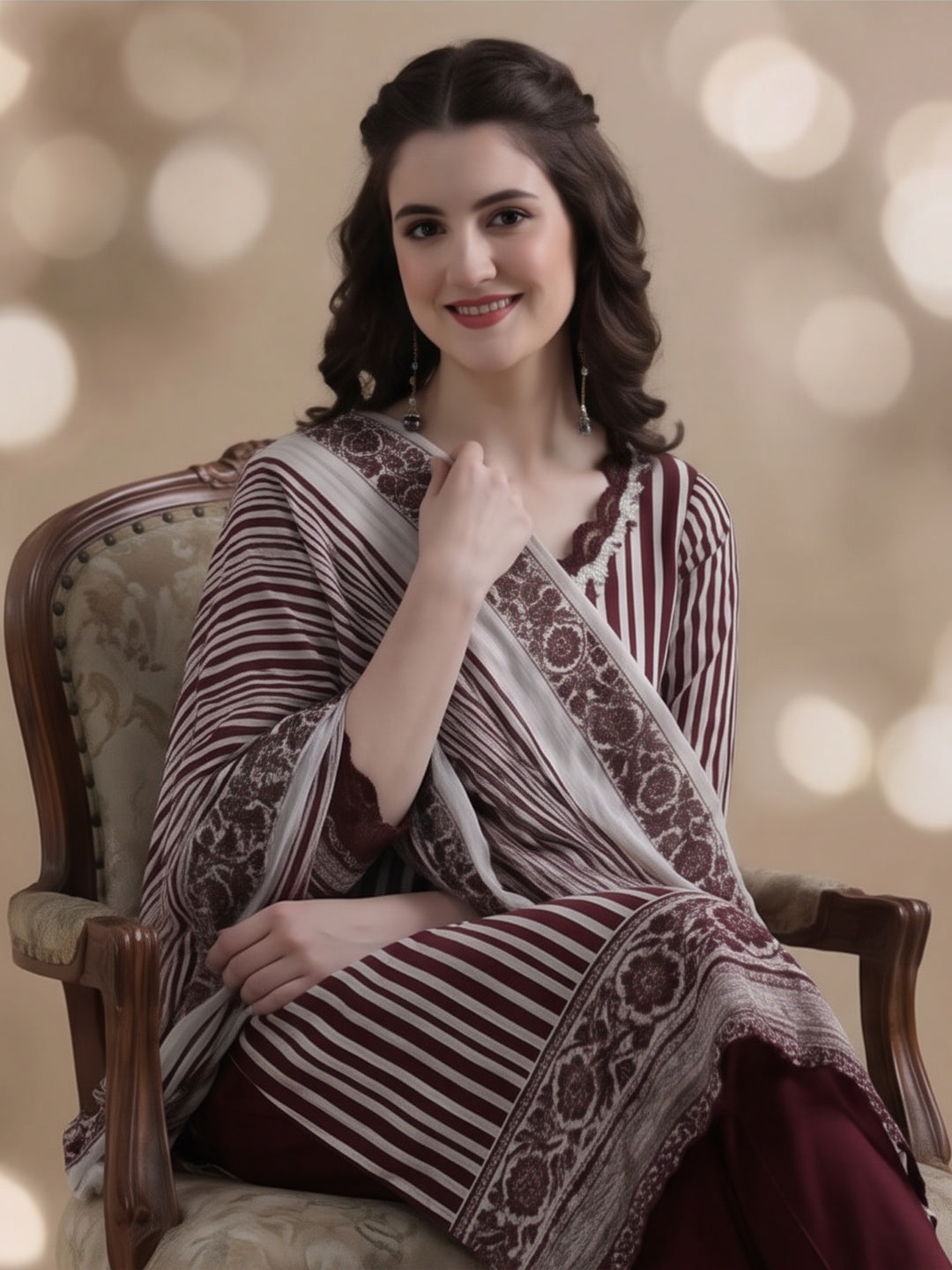 Striped Printed Thread Work Pure Cotton Kurta With Pant & Mulmul Dupatta