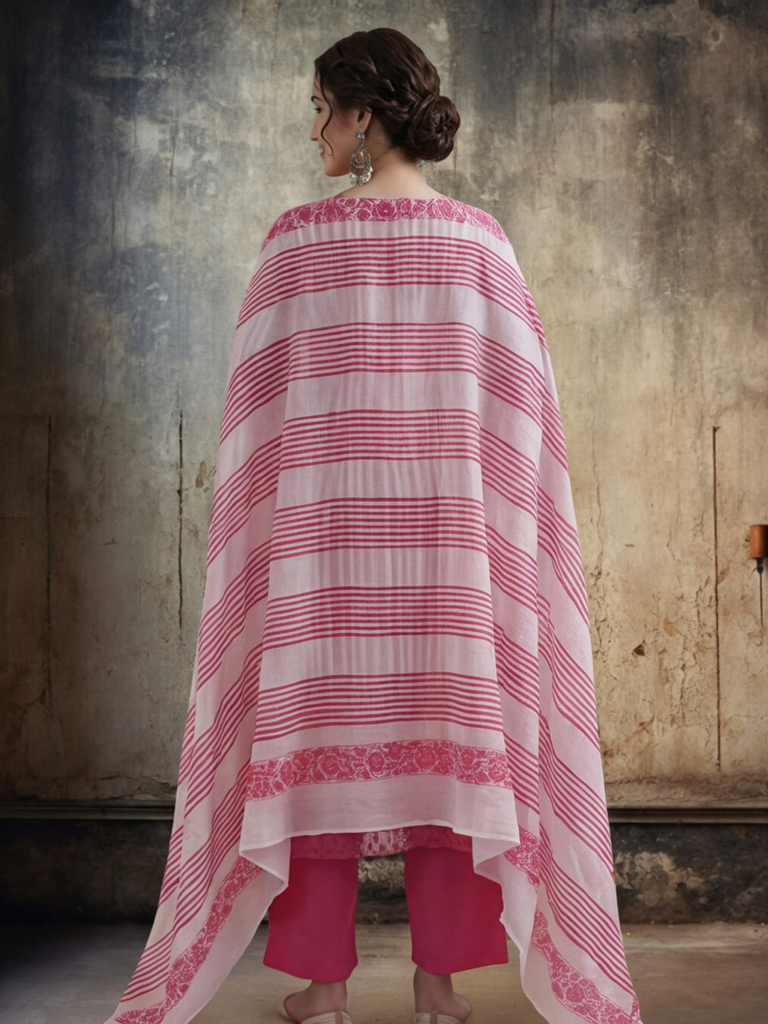 Striped Printed Thread Work Pure Cotton Kurta With Pant & Mulmul Dupatta