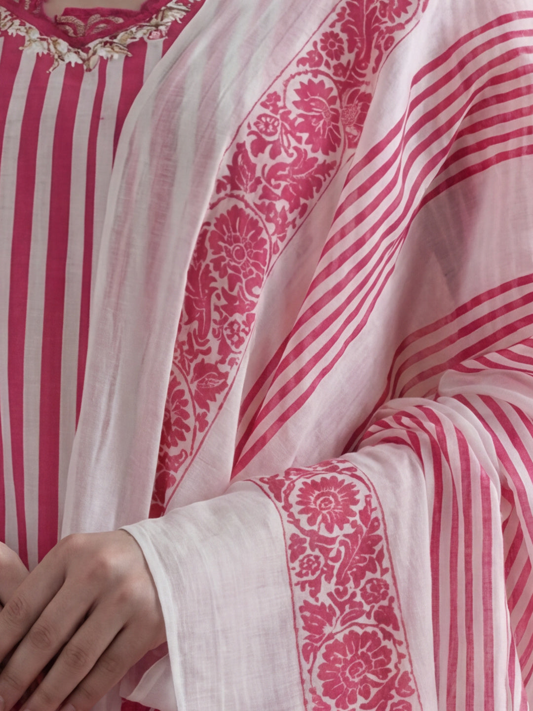 Striped Printed Thread Work Pure Cotton Kurta With Pant & Mulmul Dupatta