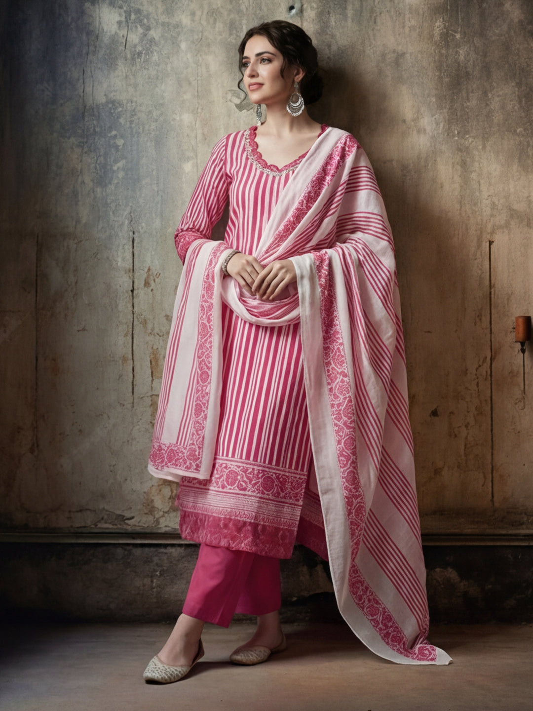 Striped Printed Thread Work Pure Cotton Kurta With Pant & Mulmul Dupatta