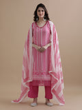 Pink Striped Printed Thread Work Pure Cotton Kurta With Pant & Mulmul Dupatta