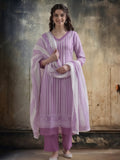 Striped Printed Thread Work Pure Cotton Kurta With Pant & Mulmul Dupatta