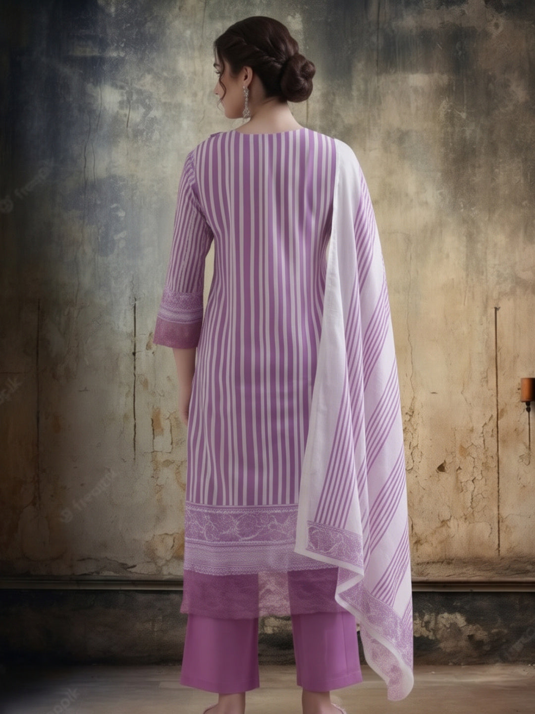 Striped Printed Thread Work Pure Cotton Kurta With Pant & Mulmul Dupatta