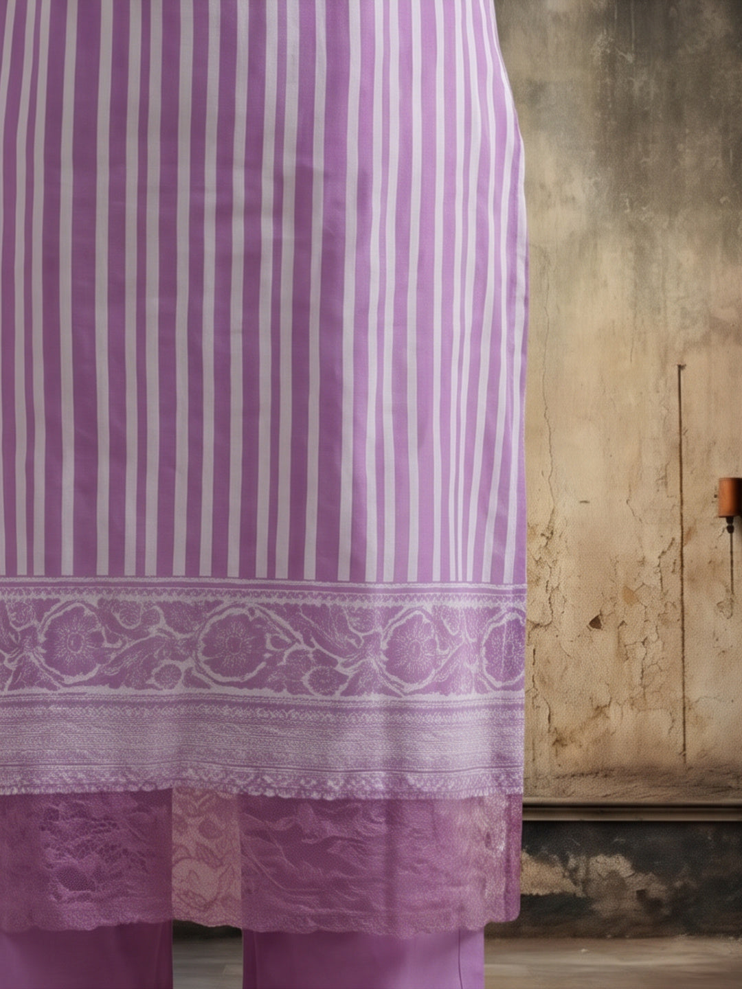 Striped Printed Thread Work Pure Cotton Kurta With Pant & Mulmul Dupatta