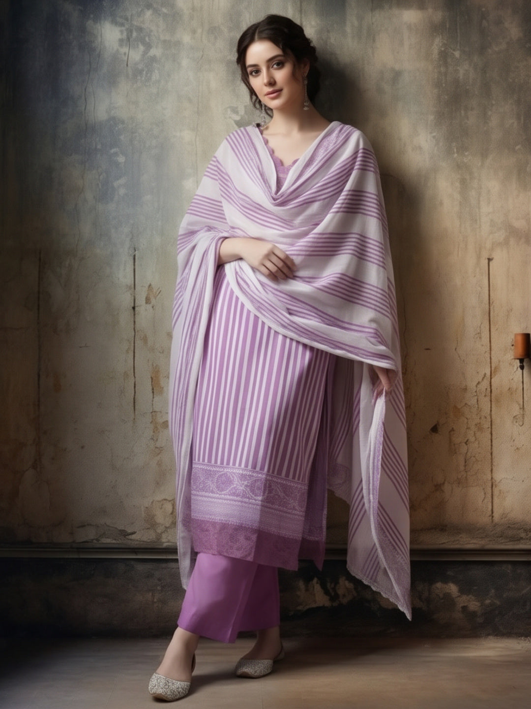 Striped Printed Thread Work Pure Cotton Kurta With Pant & Mulmul Dupatta