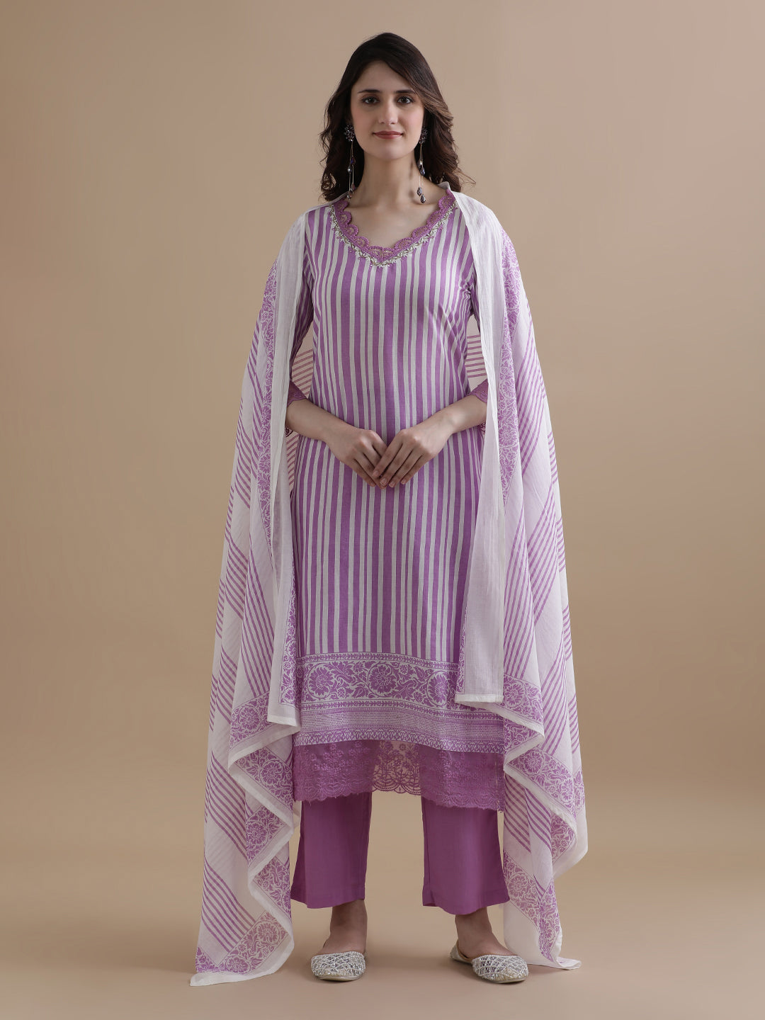 Purple Striped Printed Thread Work Pure Cotton Kurta With Pant & Mulmul Dupatta