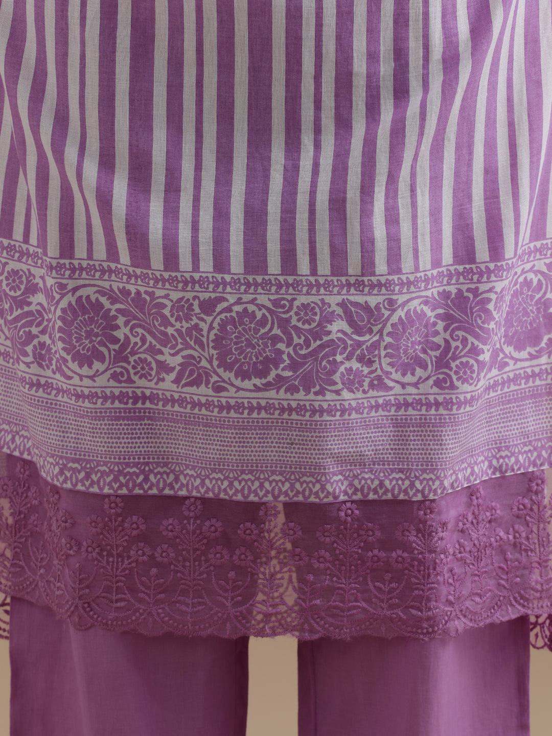 Purple Striped Printed Thread Work Pure Cotton Kurta With Pant & Mulmul Dupatta