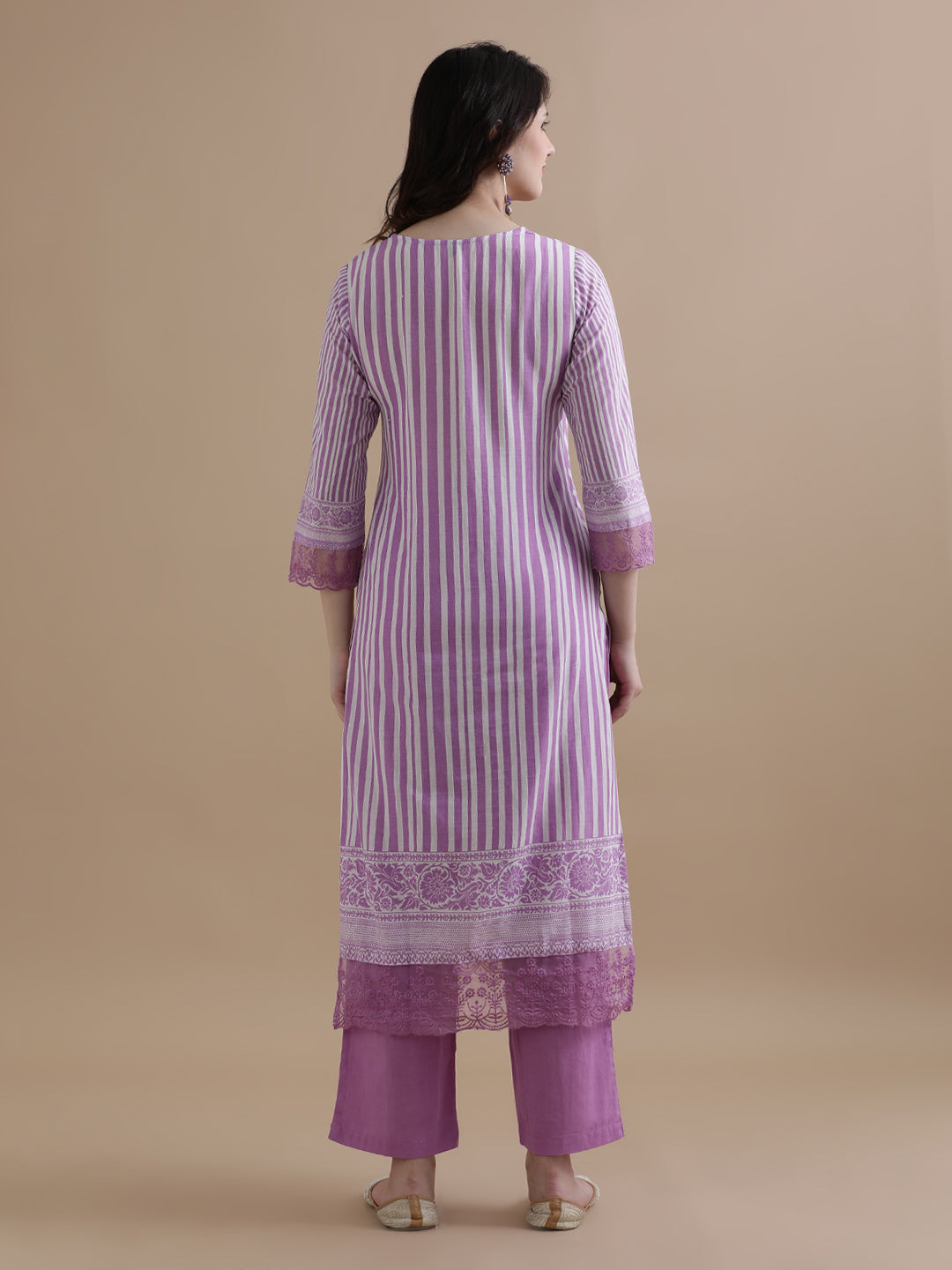 Purple Striped Printed Thread Work Pure Cotton Kurta With Pant & Mulmul Dupatta