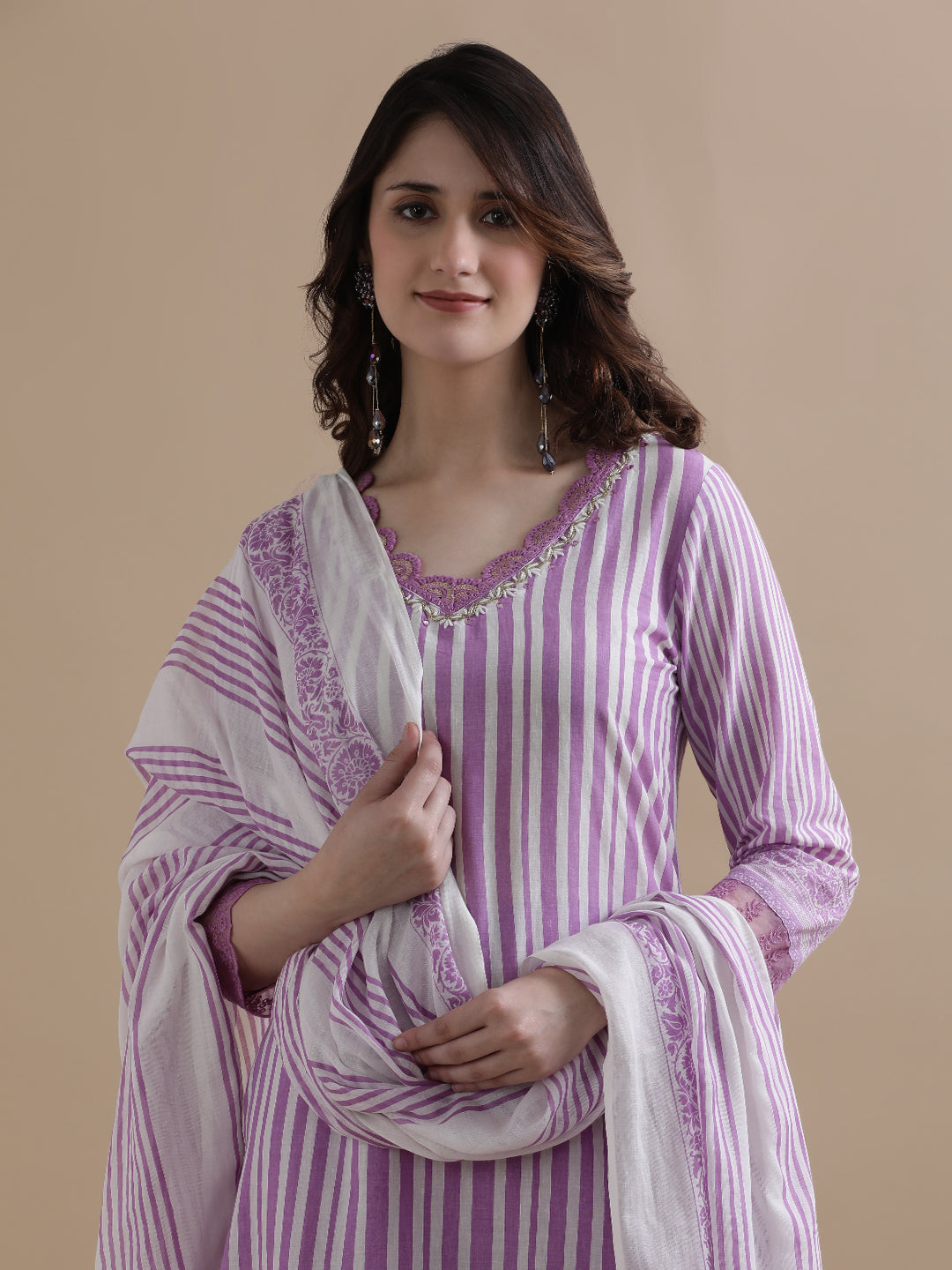 Purple Striped Printed Thread Work Pure Cotton Kurta With Pant & Mulmul Dupatta