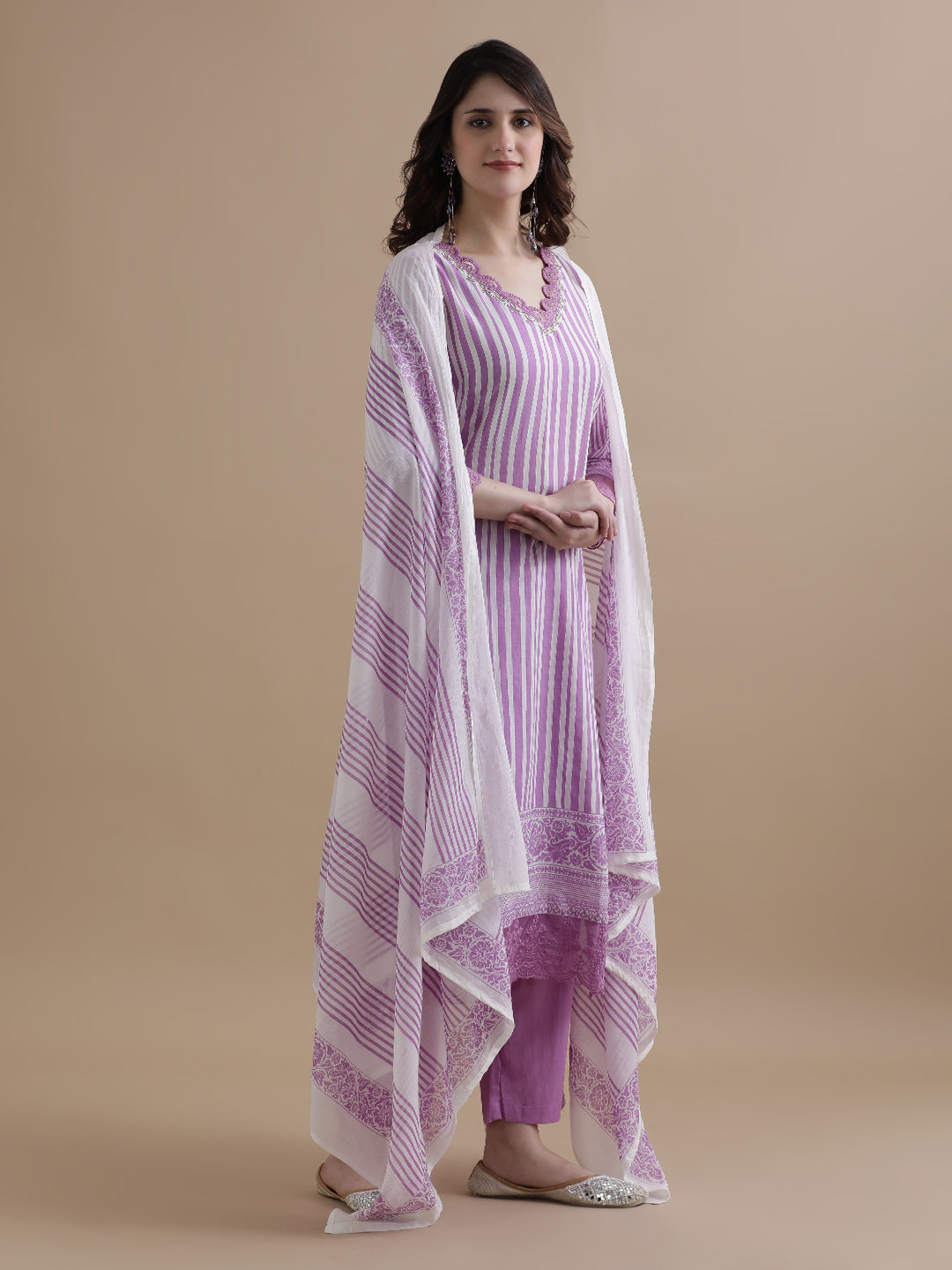 Purple Striped Printed Thread Work Pure Cotton Kurta With Pant & Mulmul Dupatta