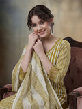 Striped Printed Thread Work Pure Cotton Kurta With Pant & Mulmul Dupatta