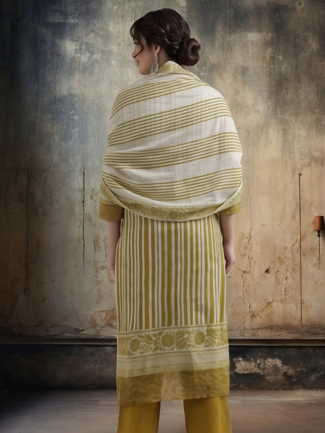 Striped Printed Thread Work Pure Cotton Kurta With Pant & Mulmul Dupatta