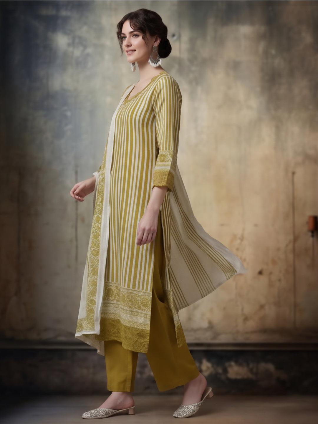 Striped Printed Thread Work Pure Cotton Kurta With Pant & Mulmul Dupatta