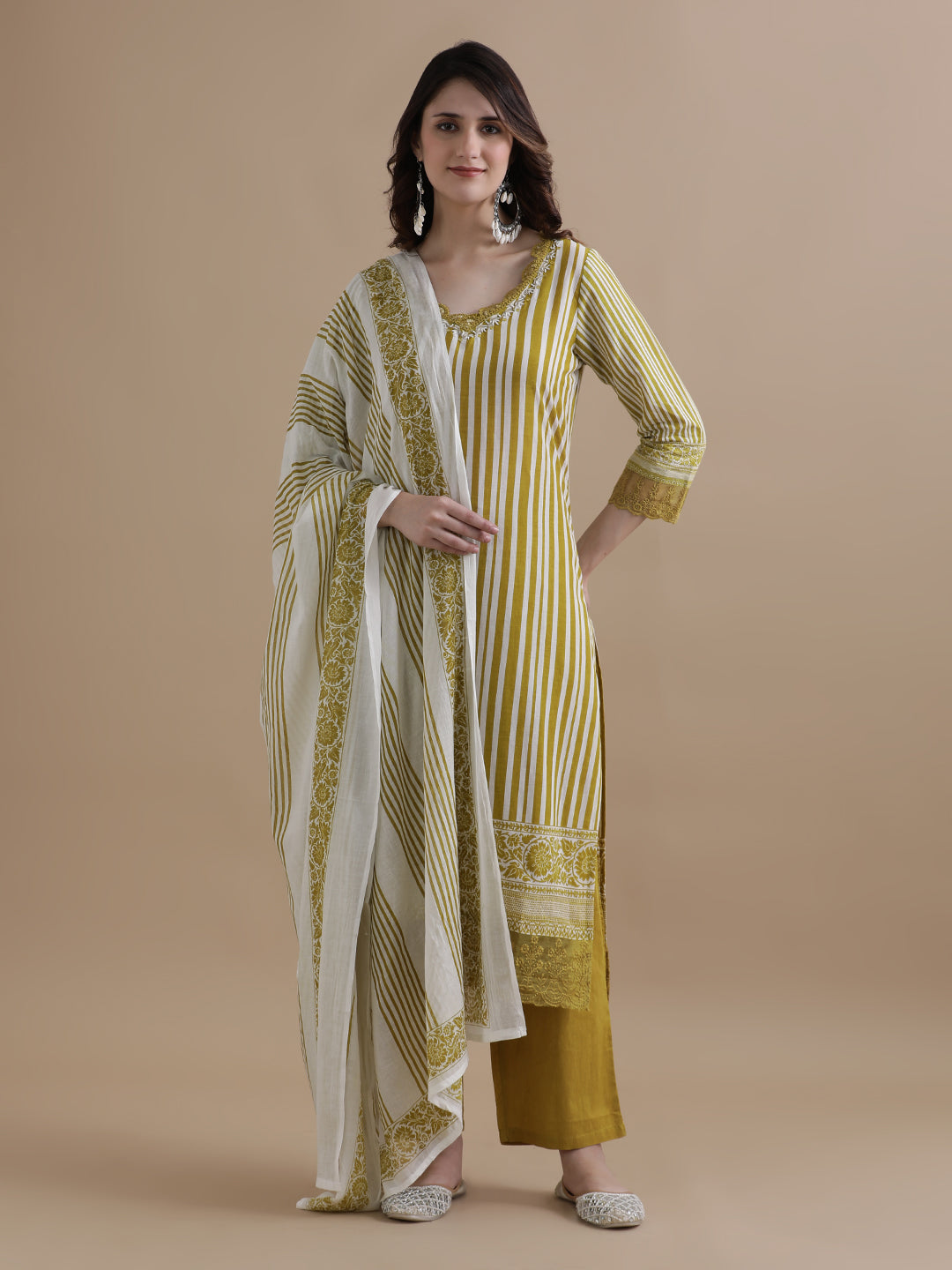 Mustard Striped Printed Thread Work Pure Cotton Kurta With Pant & Mulmul Dupatta