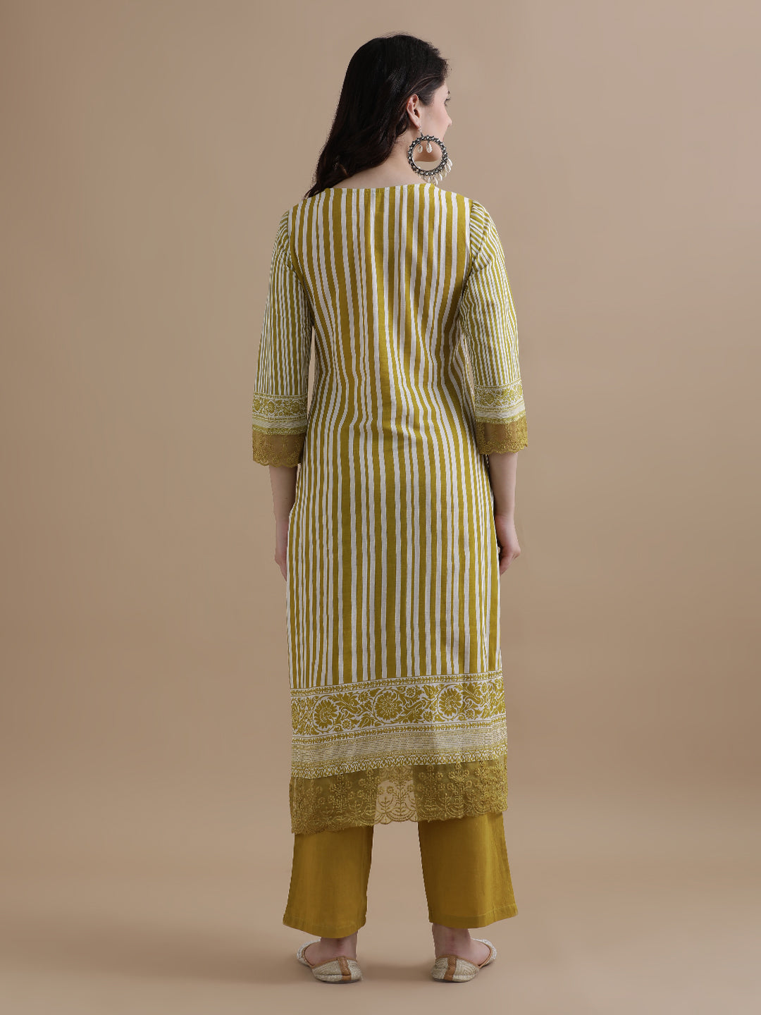 Mustard Striped Printed Thread Work Pure Cotton Kurta With Pant & Mulmul Dupatta