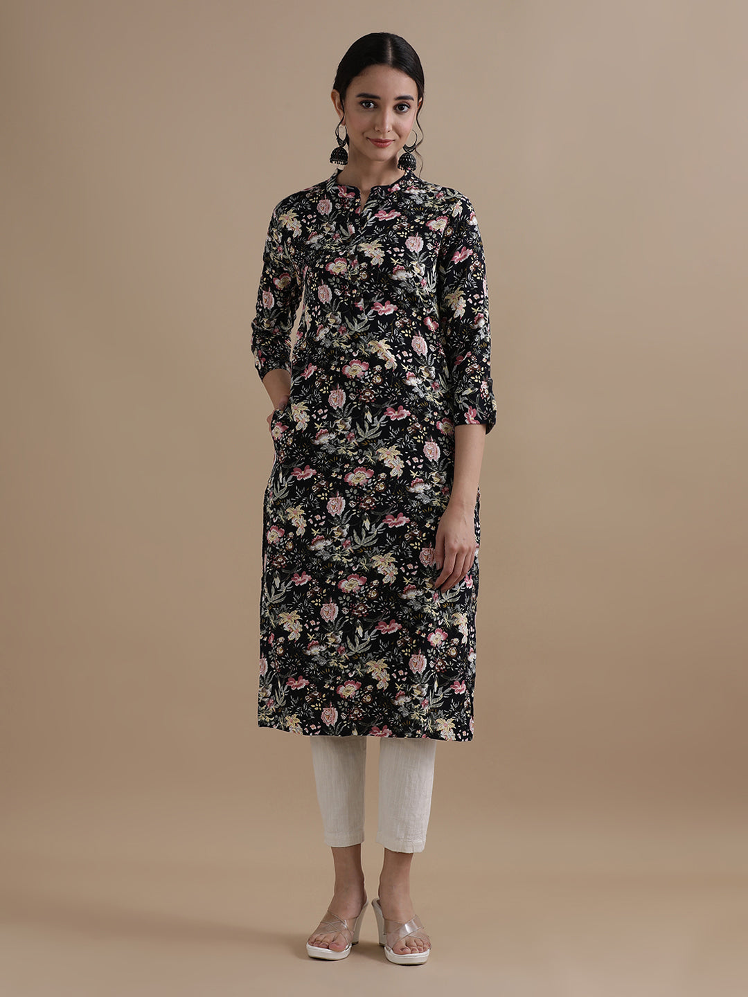 Navy Blue Floral Printed Straight Kurta