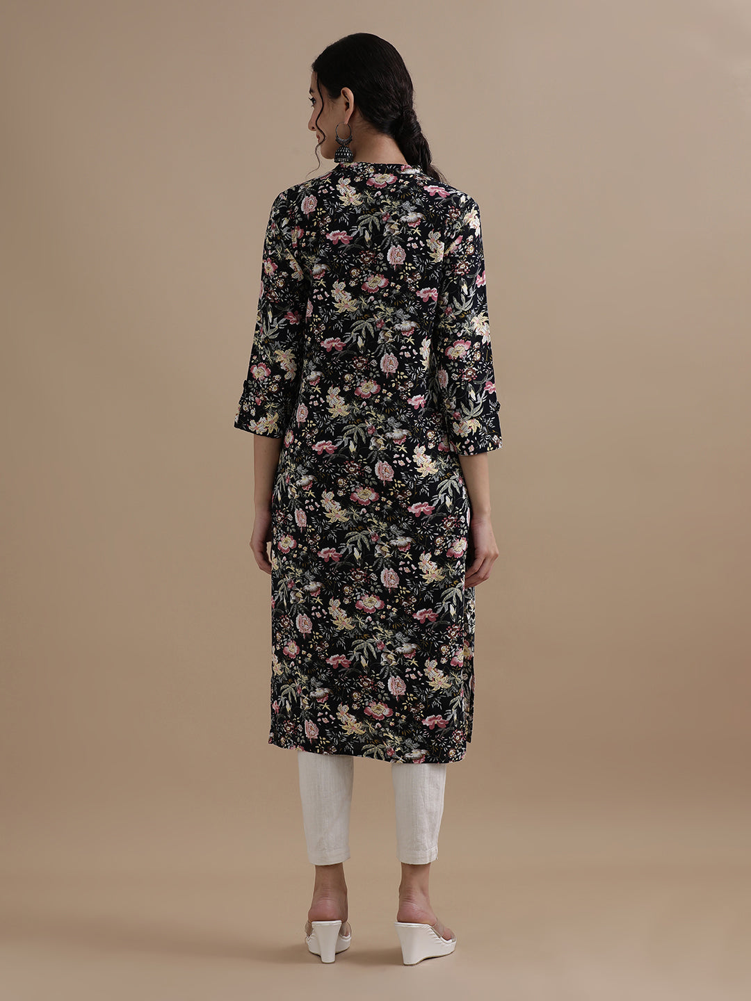 Navy Blue Floral Printed Straight Kurta